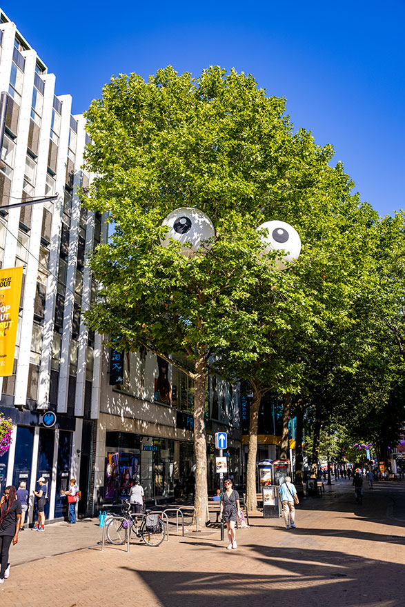 Giant inflatable googly eyes seen on a tree across central London